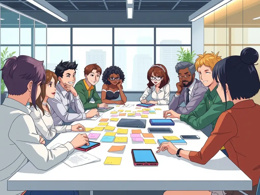 A diverse team collaborating on a digital interface design, showcasing various stages of the UX process.