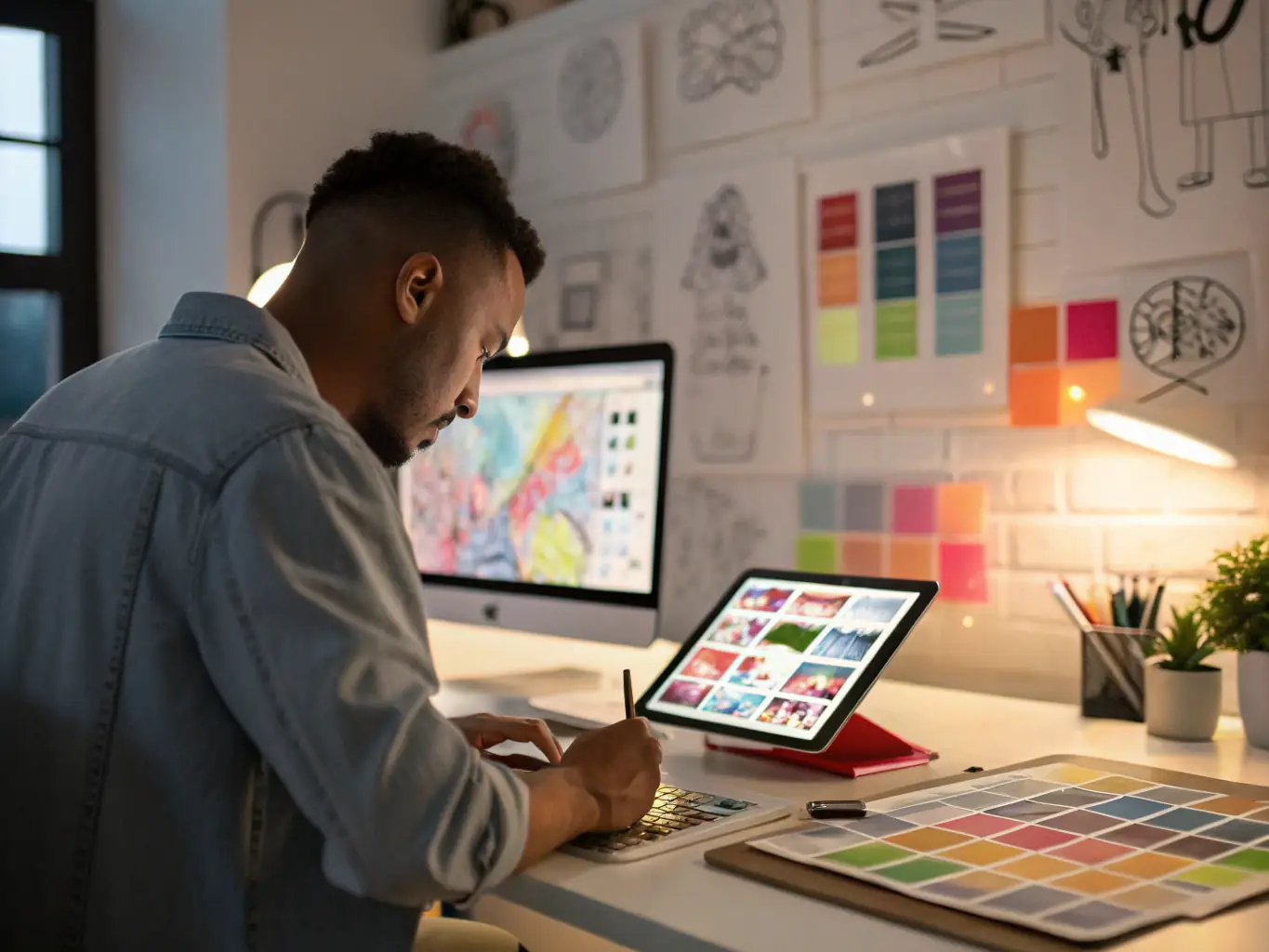 An image of a designer working on wireframes on a large monitor, with user flow diagrams displayed.